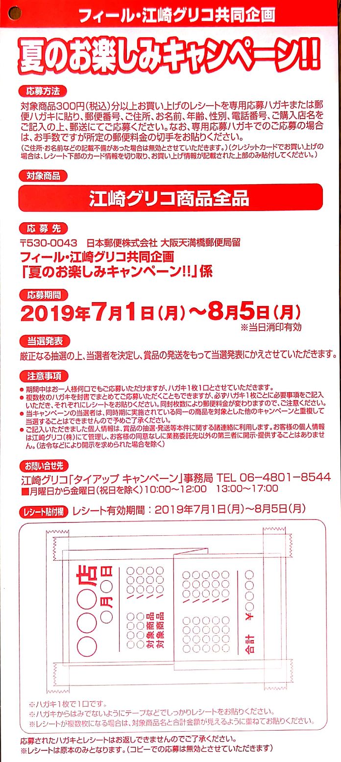 応募期間終了 懸賞 フィールさん 江崎グリコさん 夏のお楽しみキャンペーン レシート応募 締切日19年8月5日 キャンペーン おつかい猫の懸賞 情報