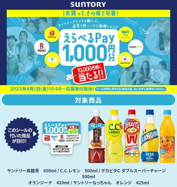 SUNTORYキャンペーン えらべるPay 150口分