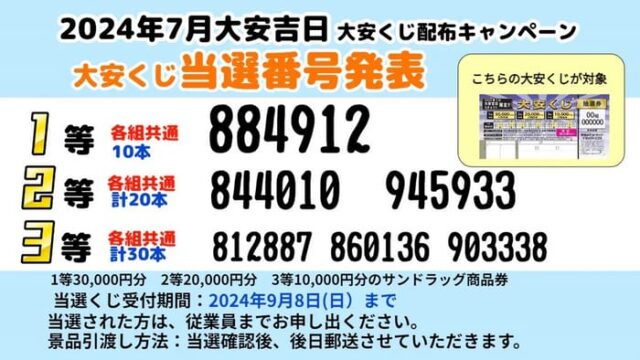 サンドラッグ　大安くじ　当選番号