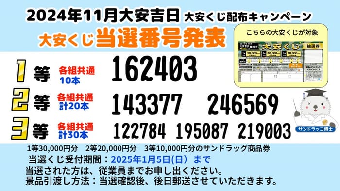 サンドラッグ 大安くじ 当選番号 発表 ２０２４年１２月 【キャンペーン】【タイアップ懸賞】｜おつかいねこの懸賞生活ブログ