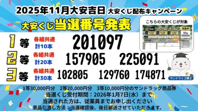 サンドラッグ　キャンペーン　懸賞　懸賞ブログ 大安くじ　当選番号 11月