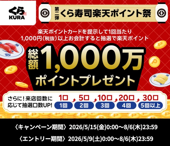 クローズド懸賞 キャンペーン 懸賞情報 懸賞ブログ くら寿司 楽天ポイントカード
